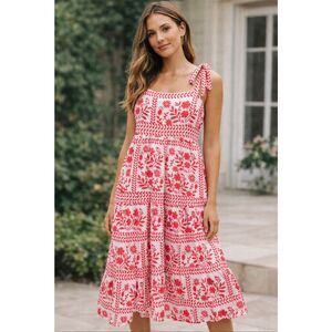 Polagram Floral Printed Tiered Midi Dress Tie Straps Women’s Size Small